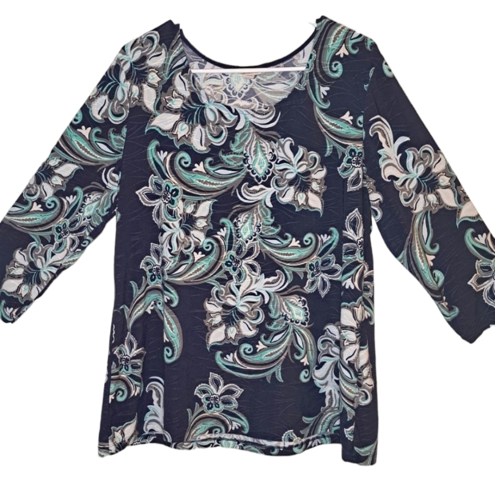 Croft & Barrow Black Blue Floral Scoop Neck Top Size XL